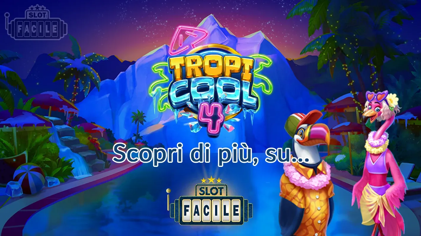 I due personaggi della slot tropicool 4 un tucano e un fenicottero si guardano sul bordo piscina e dietro lo sfondo di una montagna con il cielo stellato.